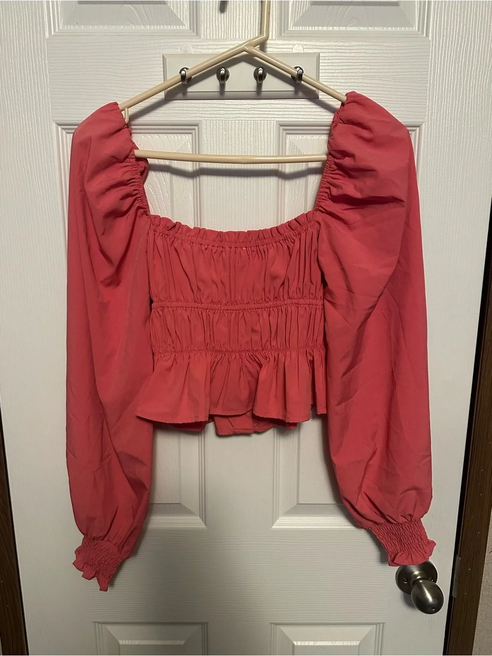 Astr Rose Pink Smocked Square-Neck Button Crop Blouse